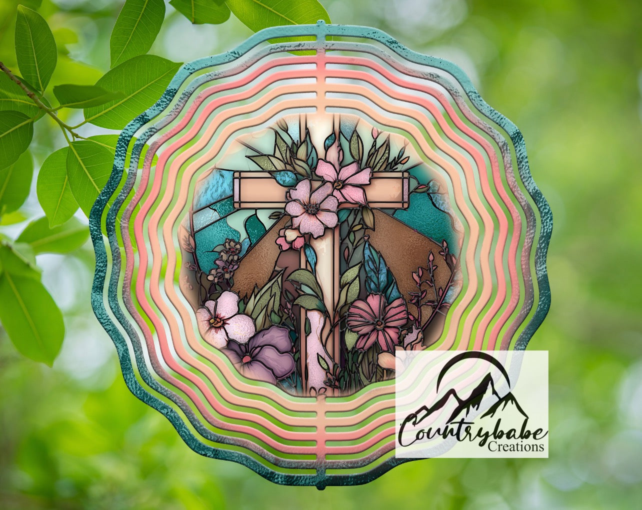 Stained glass lookCross with flower Wind spinner