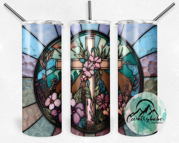 Cross w flowers Stained glass look tumbler
