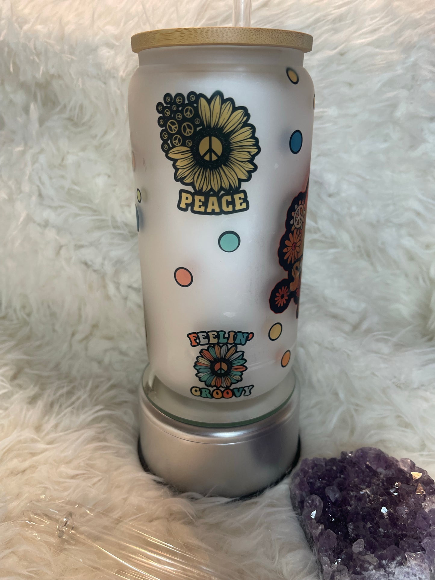 Stay Trippy Lol’ Hippy Frosted glass can tumbler